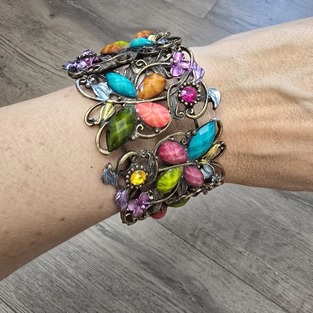 Butterfly Wide Cuff Multicolored Faceted Stone Abstract Colorful Boho Chic